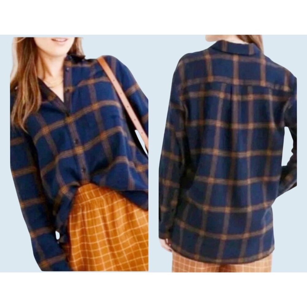MADEWELL Oversized Flannel Boyfriend Full Button Shirt Navy Gold Sz XL